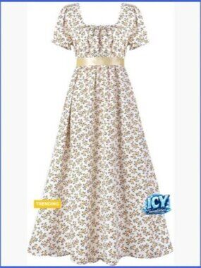 Long Floral Print Maxi Dress with Puff Sleeves and Empire Waist